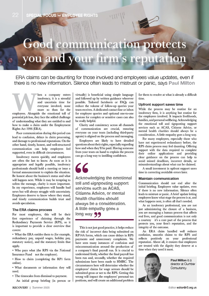 Screenshot of Paul's article in R3 Recovery magazine